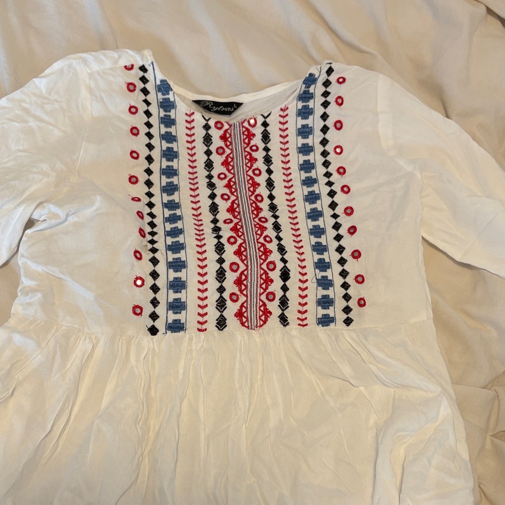 White Blouse with Red and Blue Embroidery